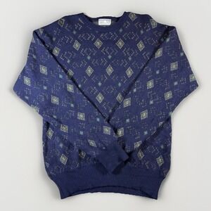 Club Room Wilson Blanche Wool Sweater Mens L Blue Geometric Made Uruguay